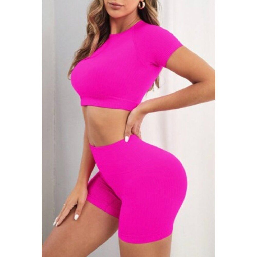 Skims Women's Taffy Pink Crop Top & Bicycle Shorts Set Size M NWT